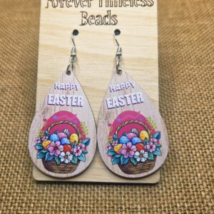 Floral Easter Basket Wooden Teardrop Earrings
