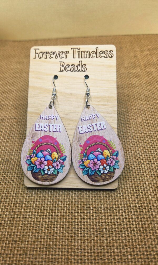 Floral Easter Basket Wooden Teardrop Earrings