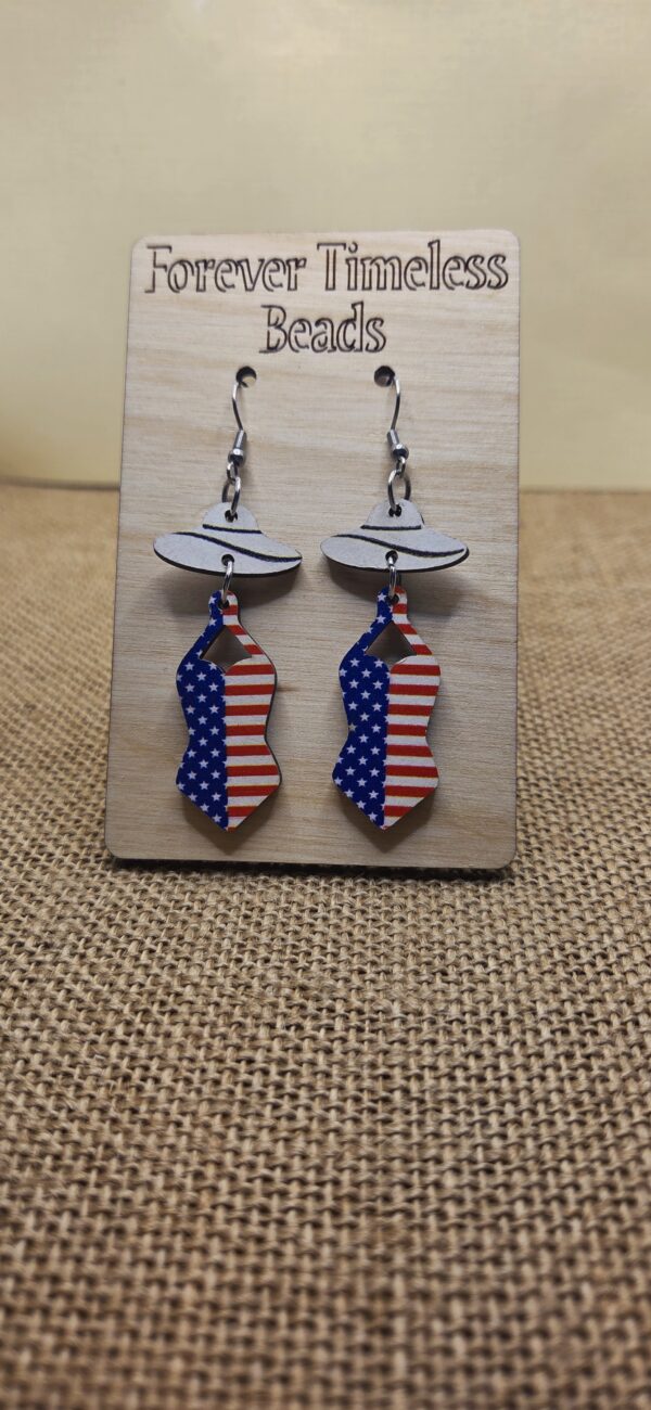 Patriotic One Piece Swimsuit Wooden Earrings
