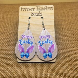 Charming White Happy Easter Bunny Ear Wooden Earrings