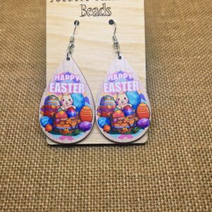 Colorful "Happy Easter" Bunny & Eggs Wooden Earrings