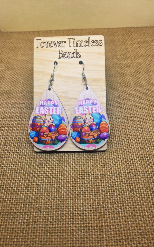 Colorful "Happy Easter" Bunny & Eggs Wooden Earrings