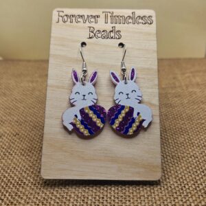 Cute Bunny with Glittery Easter Egg Wooden Earrings