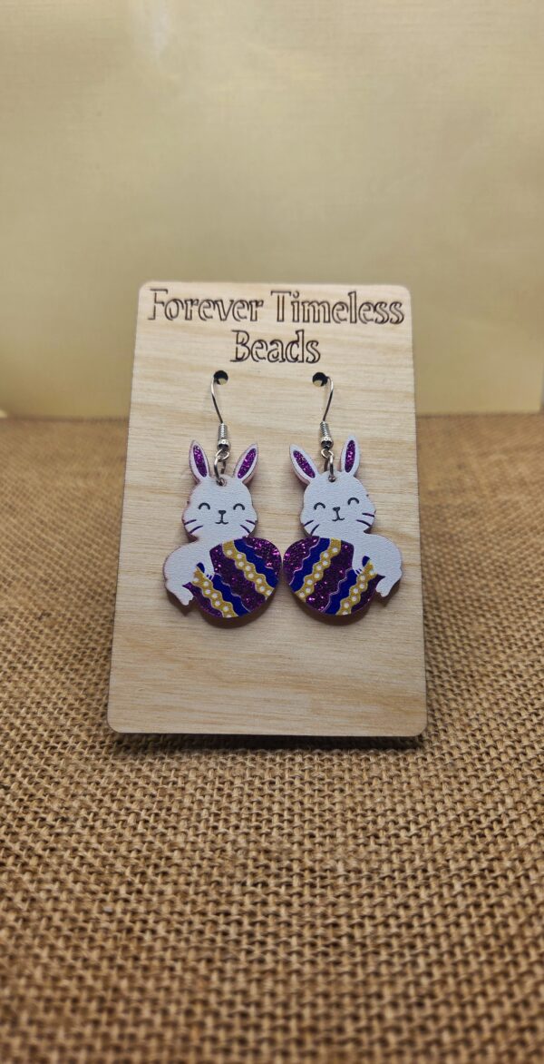 Cute Bunny with Glittery Easter Egg Wooden Earrings