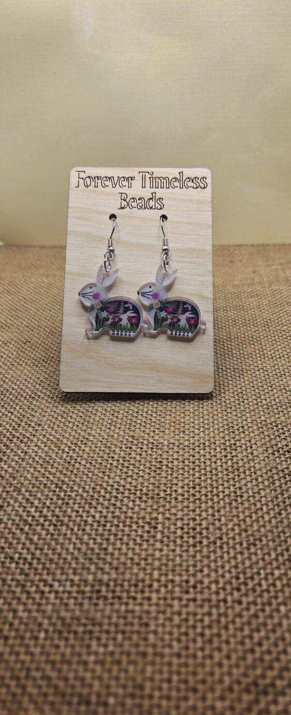 Charming Bunny Acrylic Earrings with Floral Garden Design