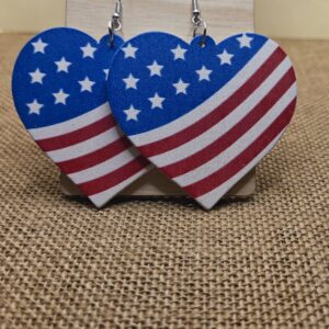 Wooden American Flag Heart Earrings