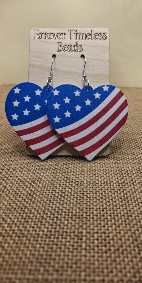 Wooden American Flag Heart Earrings