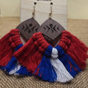 Patriotic Red, White & Blue Wooden Tassel Earrings