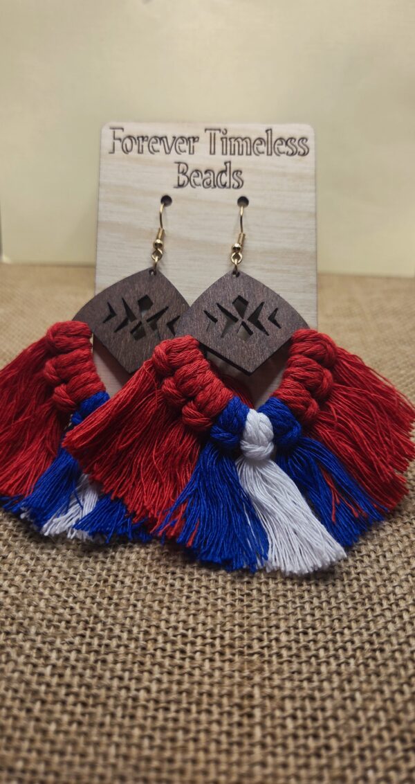 Patriotic Red, White & Blue Wooden Tassel Earrings