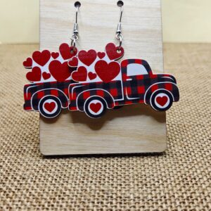 Valentine’s Day Wooden Red Heart Truck Earrings