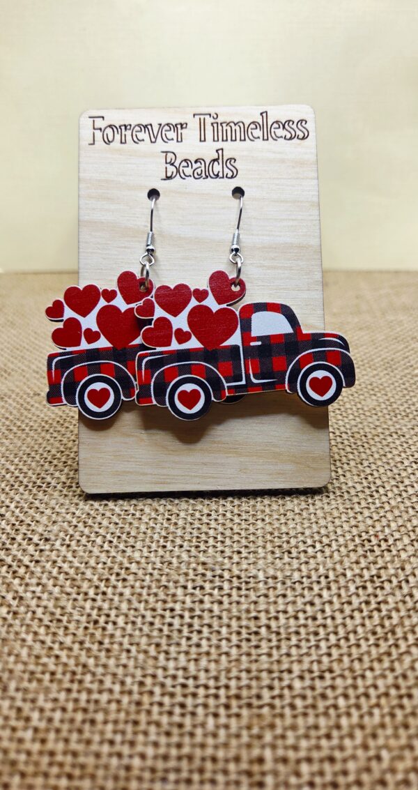Valentine’s Day Wooden Red Heart Truck Earrings
