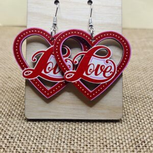Sparkling Wooden Red "Love" Heart Earrings