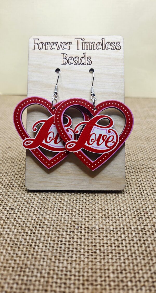 Sparkling Wooden Red "Love" Heart Earrings