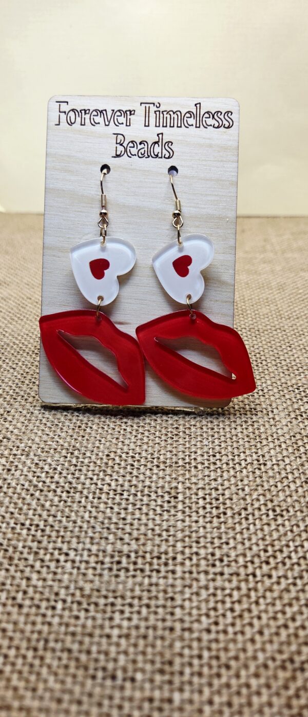 Red Lips & White Heart Accent Earrings