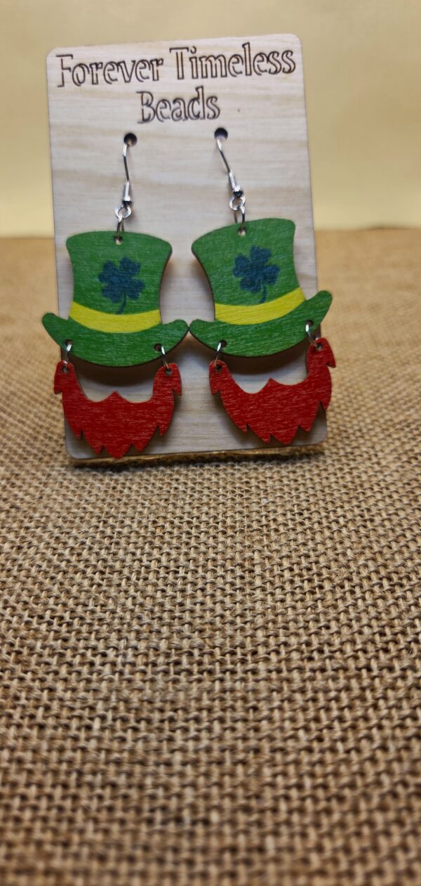 Festive Wooden Leprechaun Hat & Beard Earrings