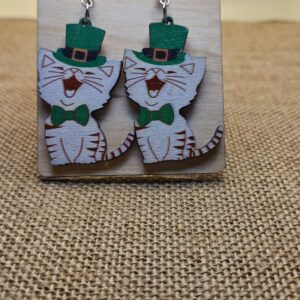 Whimsical St. Patrick's Day Wooden Cat Earrings