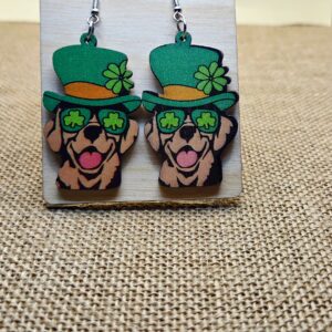Playful Wooden Leprechaun Dog Earrings