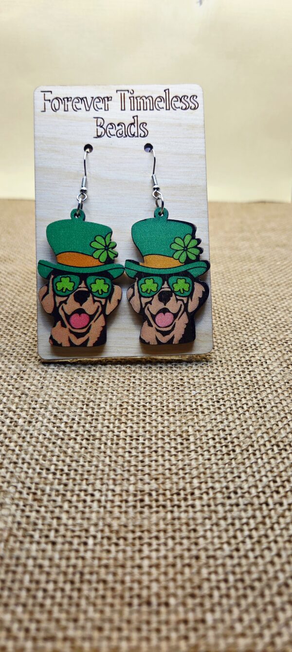 Playful Wooden Leprechaun Dog Earrings